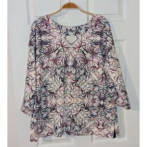 T By Talbots Floral Print Button Accent 3/4 Sleeve‎ Tunic Top Blouse XL